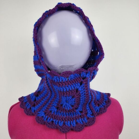 New Crochet Handmade Balaclava Granny Square Blue Purple Scalloped Edges - Picture 16 of 16
